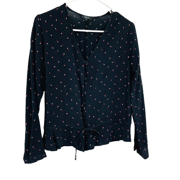 Rails Women's Top Beaux Blouse in Black Off Set Dot Long Sleeves Ruffle Hem Sz M - Picture 3 of 13